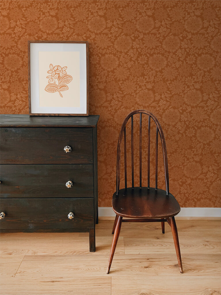 Lace floral wallpaper in terra cotta by Atelier Danielle