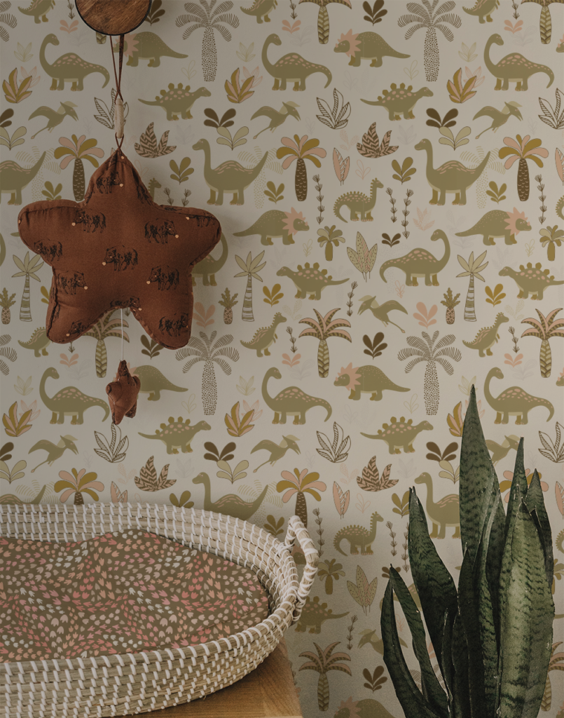 Dinosaur nursery wallpaper in green by Atelier Danielle